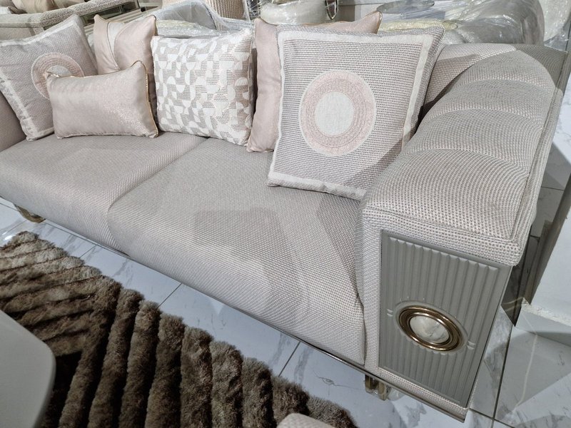 Luxury Cream Beige Upholstered Living Room Suite with Gold Metallic Medallions - Image 3