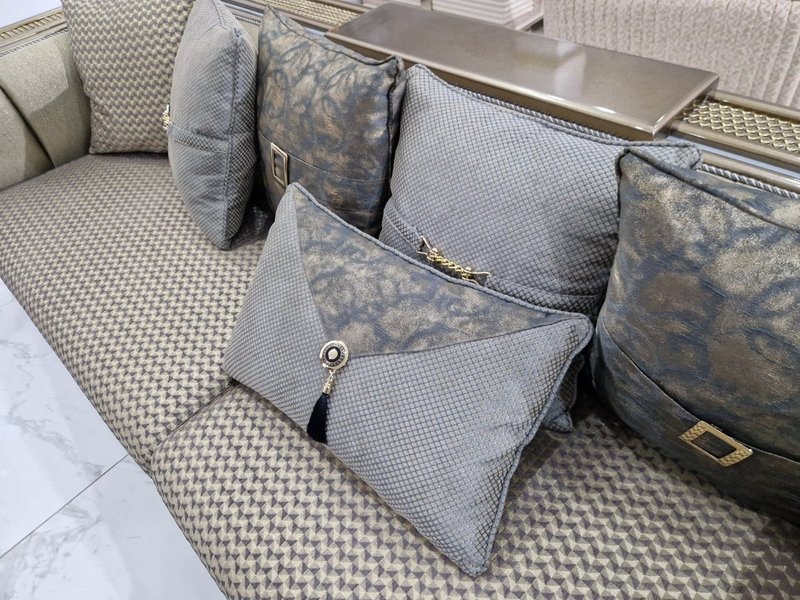 Royal Metallic Bronze Upholstered Living Room Suite with Woven Panel Detailing - Image 7