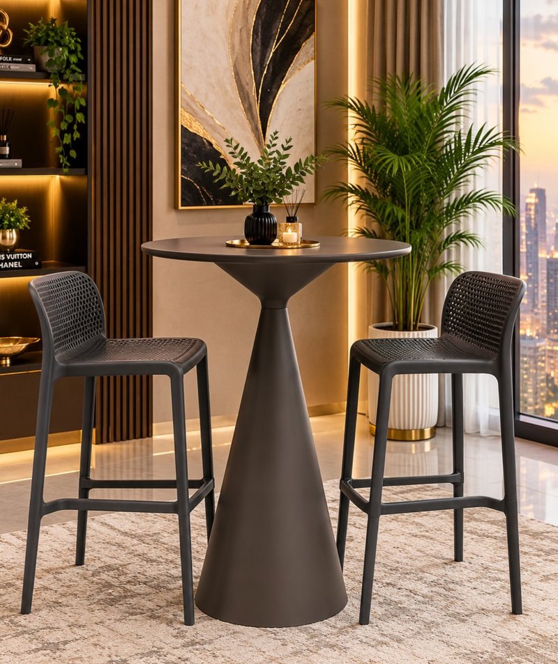 Modern Indoor-Outdoor Conical Pedestal High-Bar Table Set with 2 Stools - Image 3