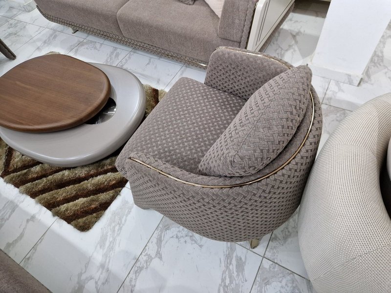 Contemporary Warm Grey Upholstered Living Room Suite with Curved Accent Armchairs - Image 5