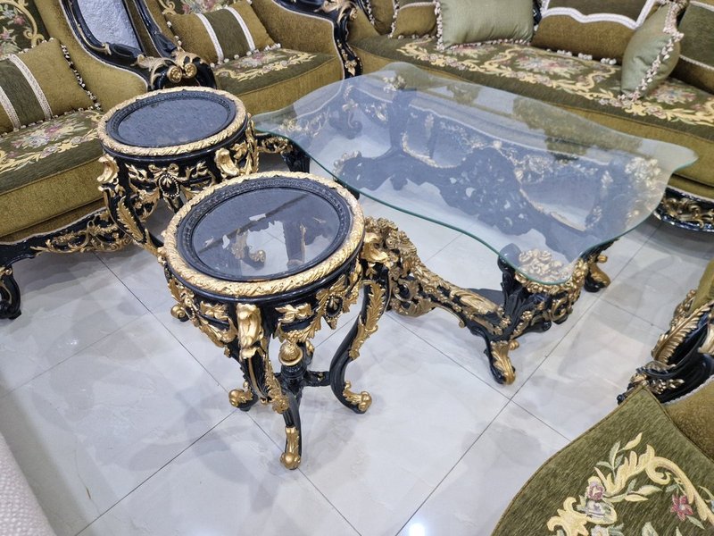 Royal Baroque Olive Green & Gold Carved Living Room Suite with Floral Gobelin Tapestry - Image 5