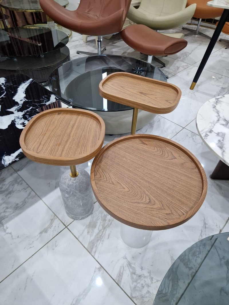 Multi-Level Wooden Tray Side Table with Marble Pedestal Base - Image 4