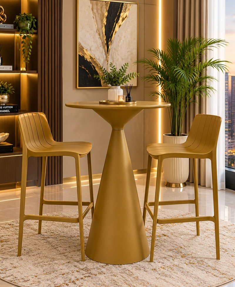 Modern Indoor-Outdoor Conical Pedestal High-Bar Table Set with 2 Stools - Image 5