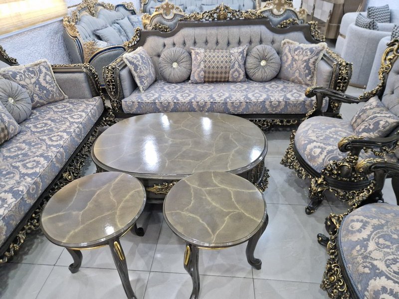 Royal Baroque Charcoal & Gold Carved Living Room Suite with Slate Blue Damask Upholstery - Image 3