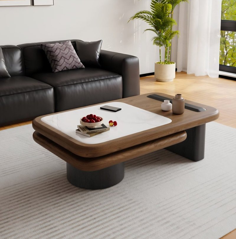 Modern Two-Tier Walnut & Marble Smart Coffee Table with Built-In Speaker & Wireless Charging - Image 2