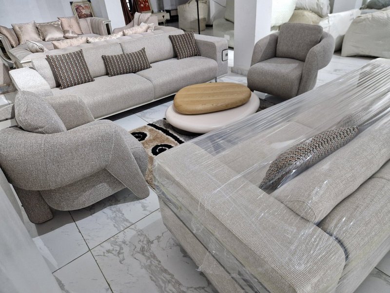 Contemporary Textured Beige Fabric Living Room Suite with Sculptural Tub Armchairs - Image 3