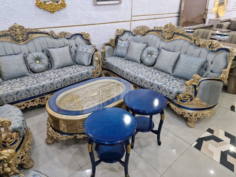 Royal Baroque Sky Blue & Royal Blue Velvet Living Room Suite with Gold Carvings - Image 4