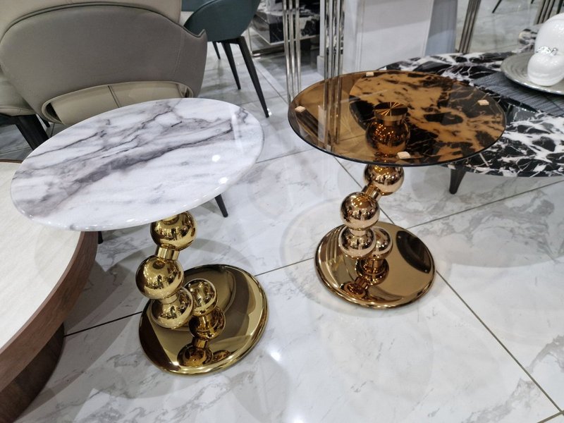 Spherical Gold Base Side Table (Marble Top & Amber Glass Top Options) - Image 1
