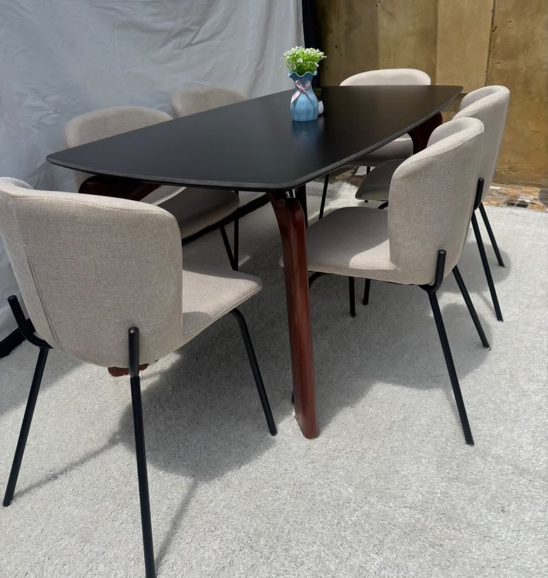 Modern Nordic Black Table 6-Seater Dining Set with Upholstered Chairs - Image 4