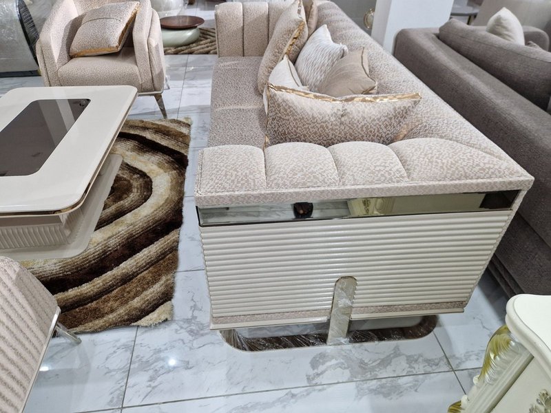 Luxury Champagne Beige Fabric Sofa Set with Gold Accents & Fluted Detailing - Image 4