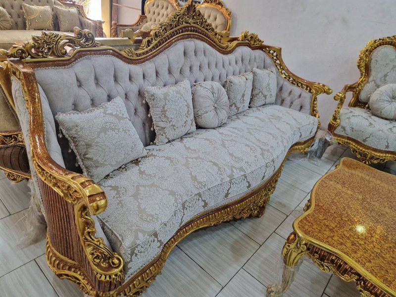 Egyptian Royal Classic Hand-Carved Gold & Damask Sofa Set - Image 2
