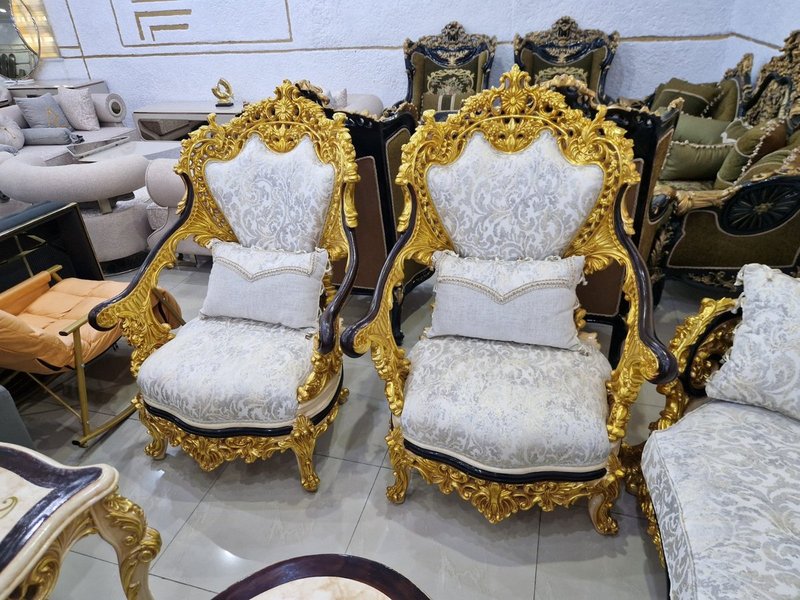 Royal Baroque Ornate Gold & Silver Velvet Living Room Suite with Inlaid Marble Tables - Image 3