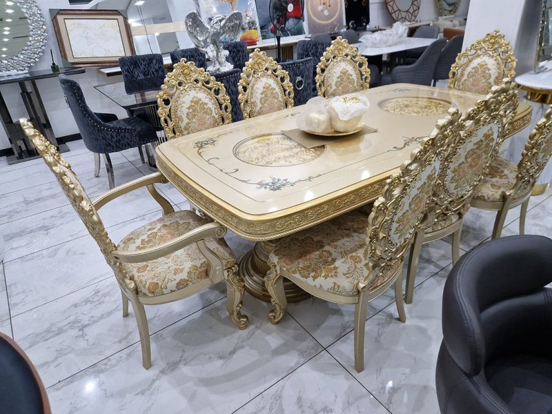 Royal Baroque 8-Seater Gold Dining Set with Carved Frames & Damask Upholstery - Image 2
