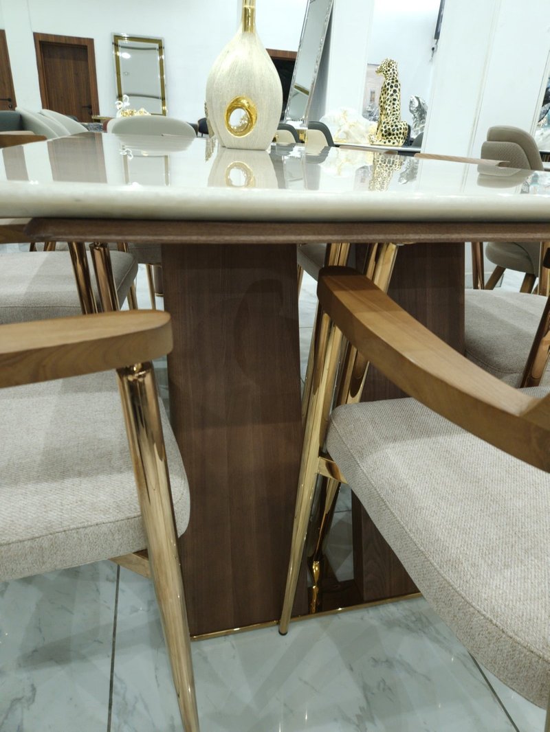 Modern Luxury White Marble Dining Set with 8 Walnut Armchairs - Image 6