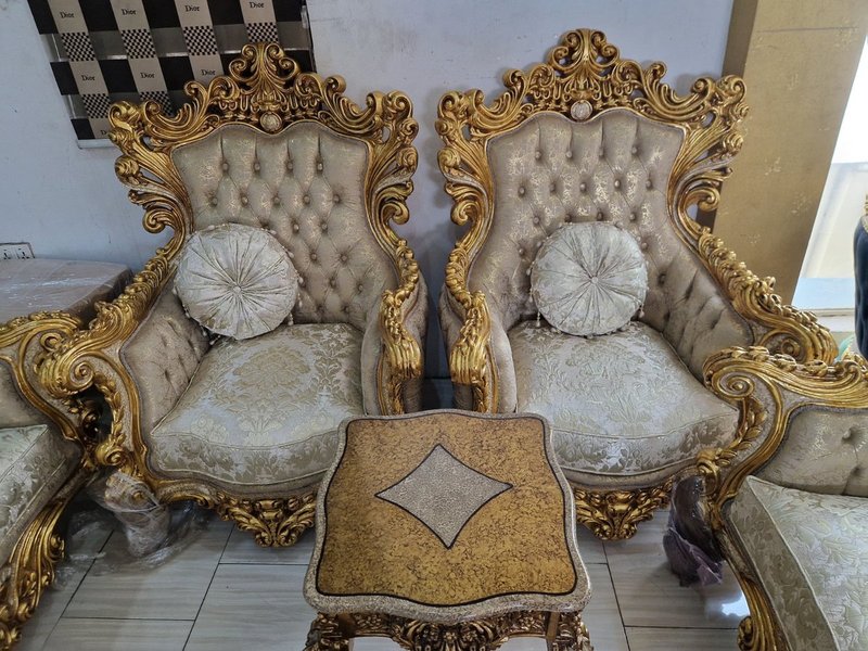 Egyptian Royal Sovereign Hand-Carved Gold & Jacquard Sofa Set - Image 3