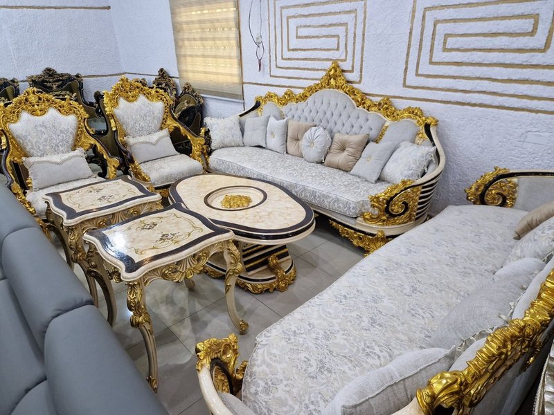 Royal Baroque Ornate Gold & Silver Velvet Living Room Suite with Inlaid Marble Tables - Image 1
