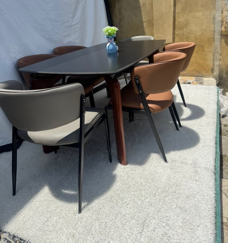 Modern Nordic Matte Black 6-Seater Dining Set with Leatherette Armchairs - Image 4