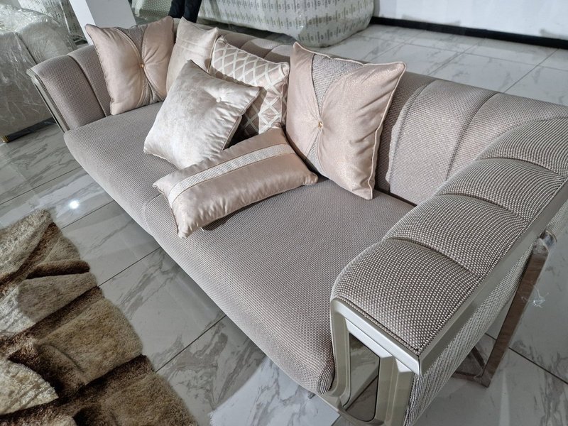 Luxury Champagne Beige Textured Fabric Sofa Suite with Silver Chrome Accent Framing - Image 3