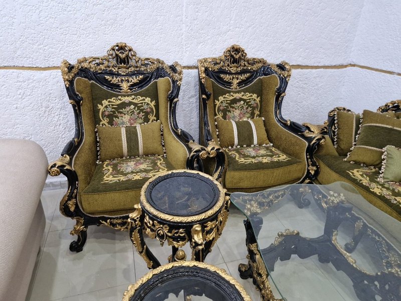 Royal Baroque Olive Green & Gold Carved Living Room Suite with Floral Gobelin Tapestry - Image 4