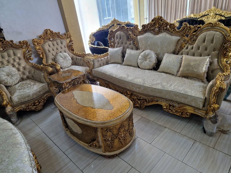 Egyptian Royal Sovereign Hand-Carved Gold & Jacquard Sofa Set - Image 1