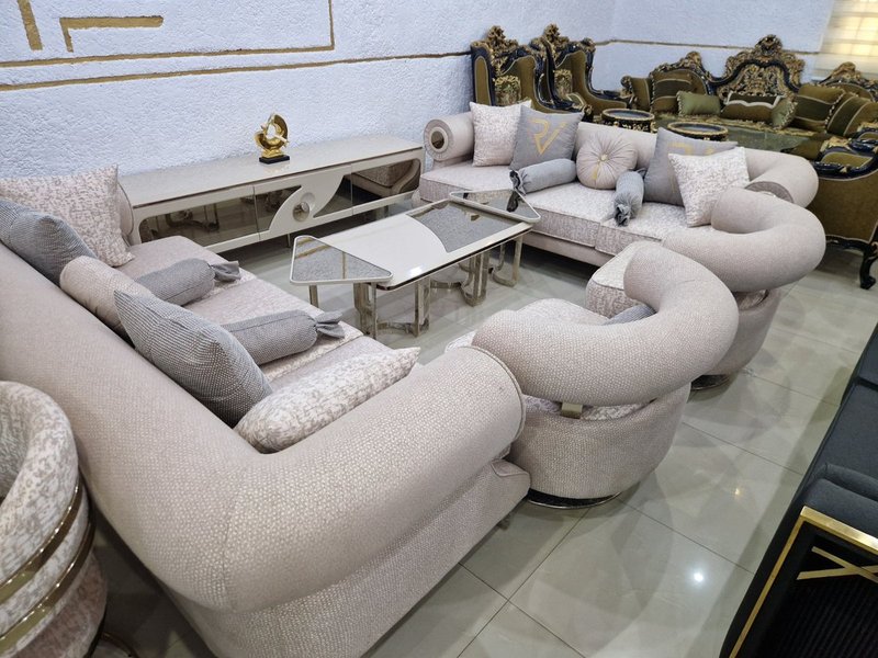 Contemporary Blush Beige Living Room & Dining Suite with Gold Frame Accents - Image 2