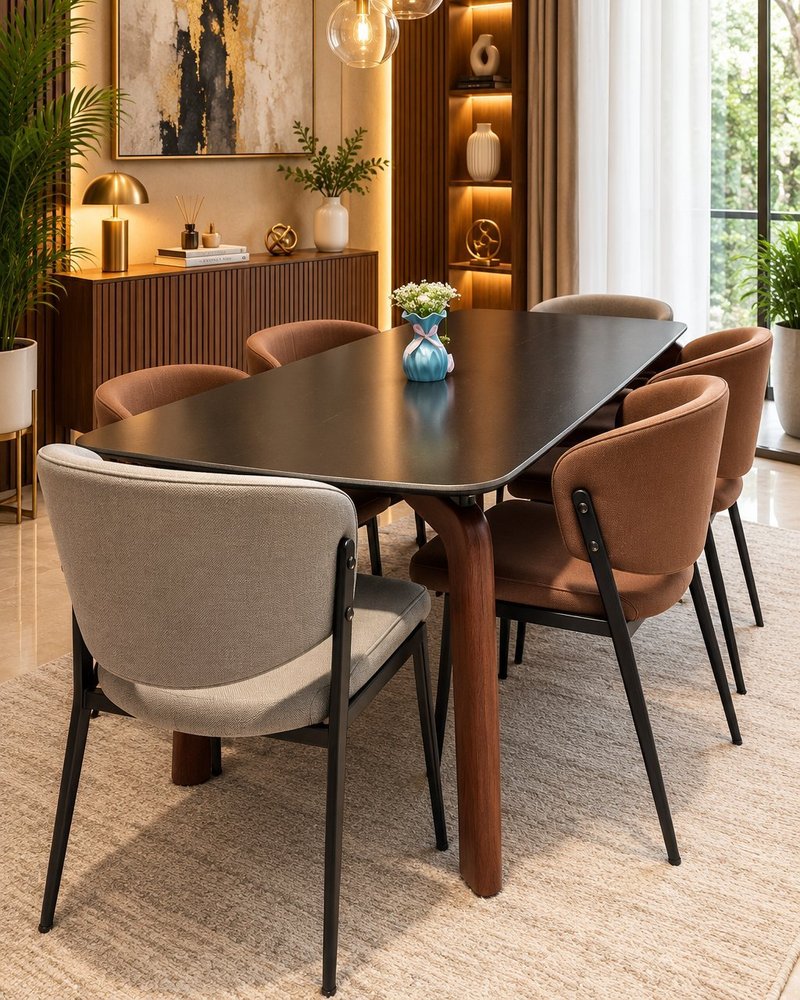 Modern Nordic Matte Black 6-Seater Dining Set with Leatherette Armchairs - Image 1