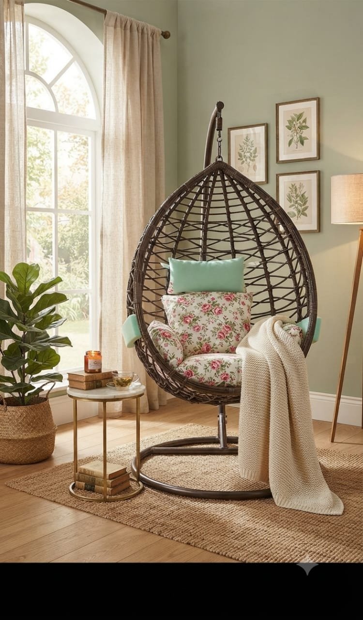 Modern Woven Egg Hanging Swing Chair with Custom Cushions - Image 1