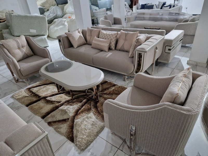 Luxury Champagne Beige Textured Fabric Sofa Suite with Silver Chrome Accent Framing - Image 4
