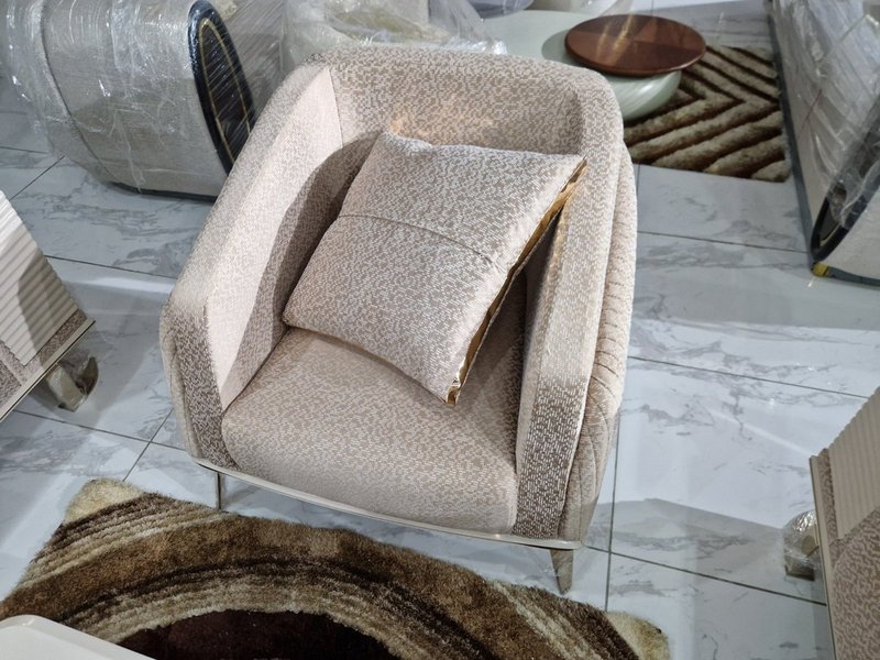 Luxury Champagne Beige Fabric Sofa Set with Gold Accents & Fluted Detailing - Image 6