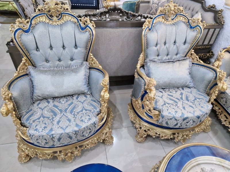 Royal Baroque Sky Blue & Royal Blue Velvet Living Room Suite with Gold Carvings - Image 2