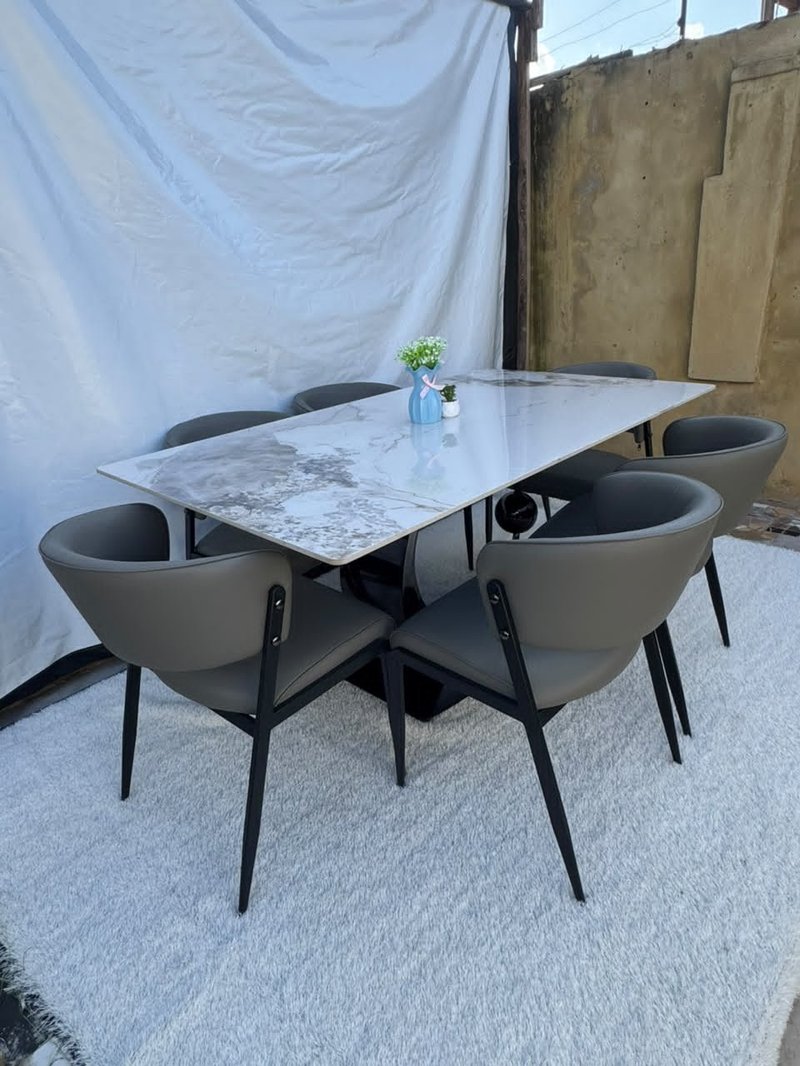 Modern Marble-Pattern Porcelain 6-Seater Dining Set with Leatherette Armchairs - Image 4