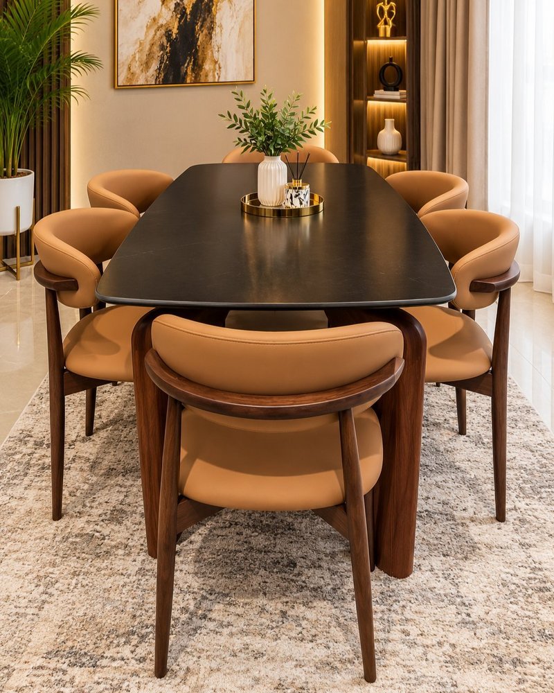 Modern Nordic Black & Tan Walnut 6-Seater Dining Set - Image 1