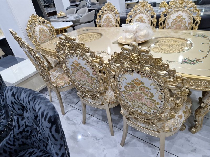 Royal Baroque 8-Seater Gold Dining Set with Carved Frames & Damask Upholstery - Image 3