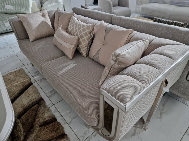 Luxury Champagne Beige Textured Fabric Sofa Suite with Silver Chrome Accent Framing - Image 5
