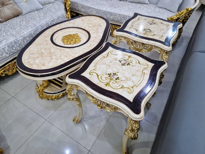 Royal Baroque Ornate Gold & Silver Velvet Living Room Suite with Inlaid Marble Tables - Image 4