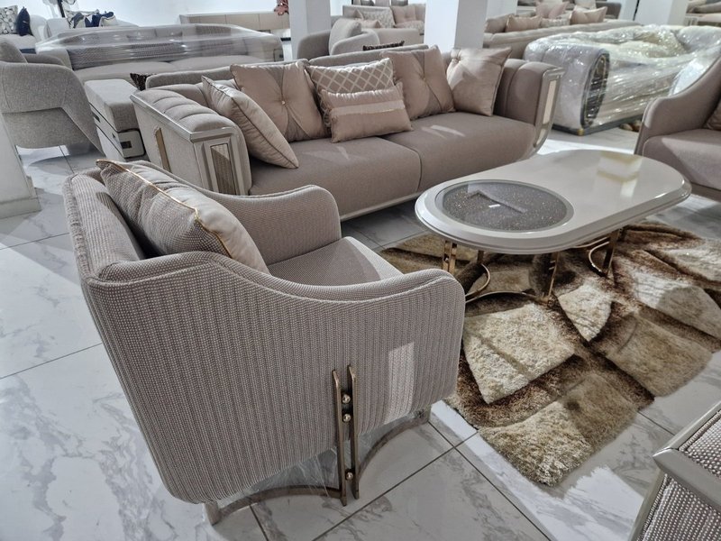 Luxury Champagne Beige Textured Fabric Sofa Suite with Silver Chrome Accent Framing - Image 2