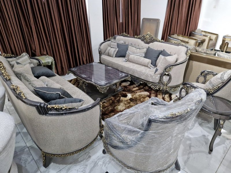 Ornate Antique Walnut & Gold Carved Living Room Sofa Set with Button-Tufted Backs - Image 1