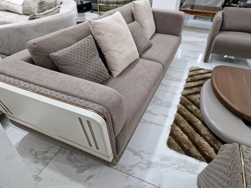 Contemporary Warm Grey Upholstered Living Room Suite with Curved Accent Armchairs - Image 3