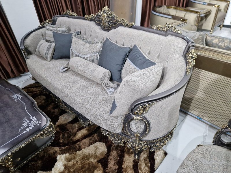 Ornate Antique Walnut & Gold Carved Living Room Sofa Set with Button-Tufted Backs - Image 2