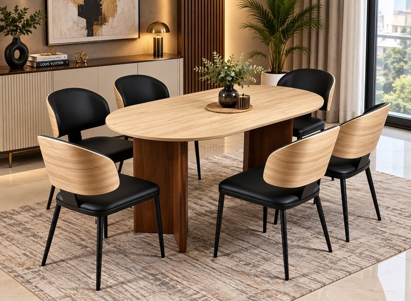 Nordic Oval Wood & Leatherette 6-Seater Dining Set