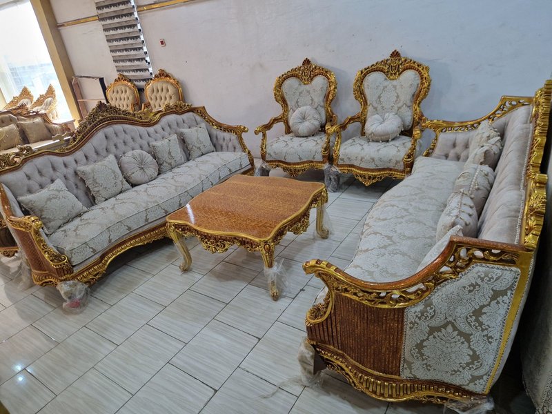 Egyptian Royal Classic Hand-Carved Gold & Damask Sofa Set