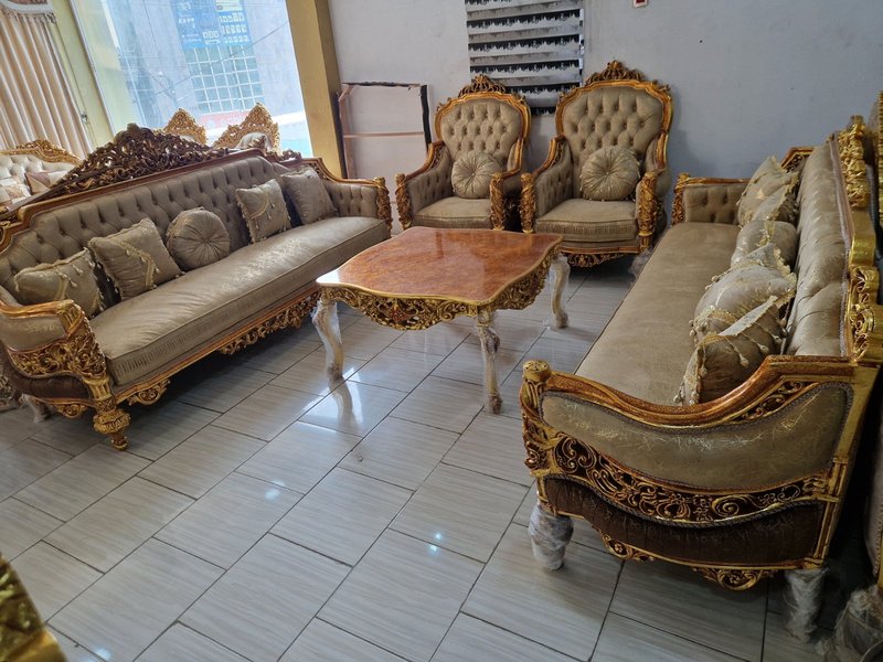 Egyptian Royal Imperial Hand-Carved Gold & Champagne Sofa Set