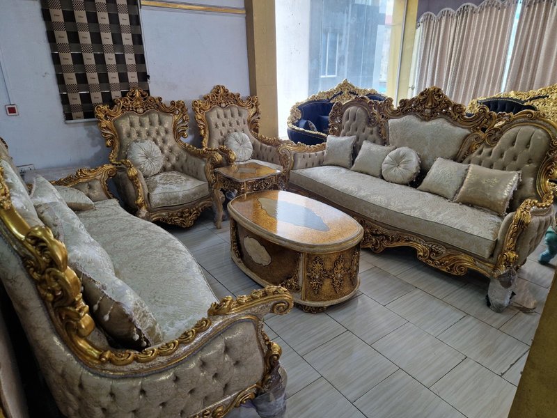 Egyptian Royal Sovereign Hand-Carved Gold & Jacquard Sofa Set