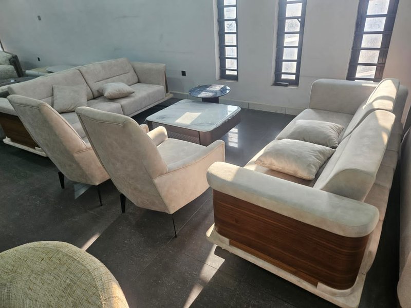 Contemporary Beige Suede & Walnut Accent Living Room Sofa Set