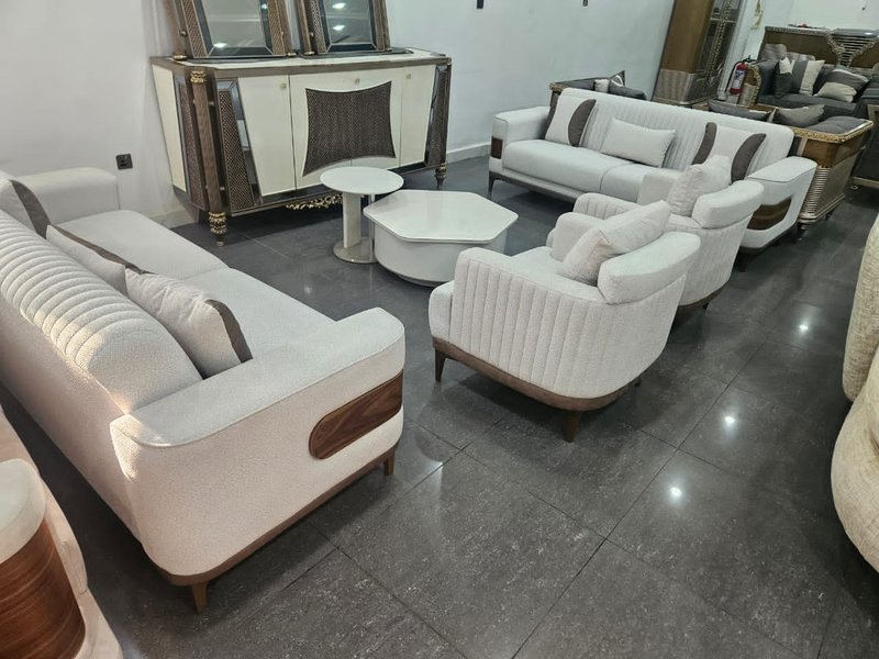 Modern Off-White Bouclé & Walnut Accent Sofa Set