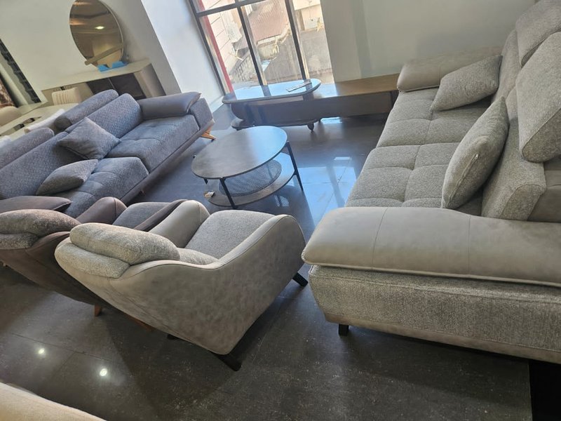Contemporary Light Grey Textured Fabric Sofa Set with Adjustable Headrests