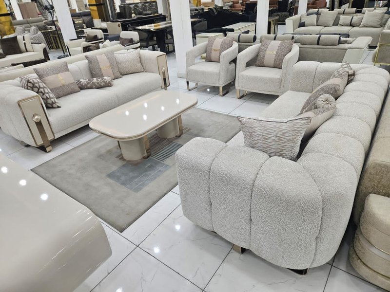 Luxury Cream Bouclé Living Room Sofa Set with Coffee Table & Side Stools