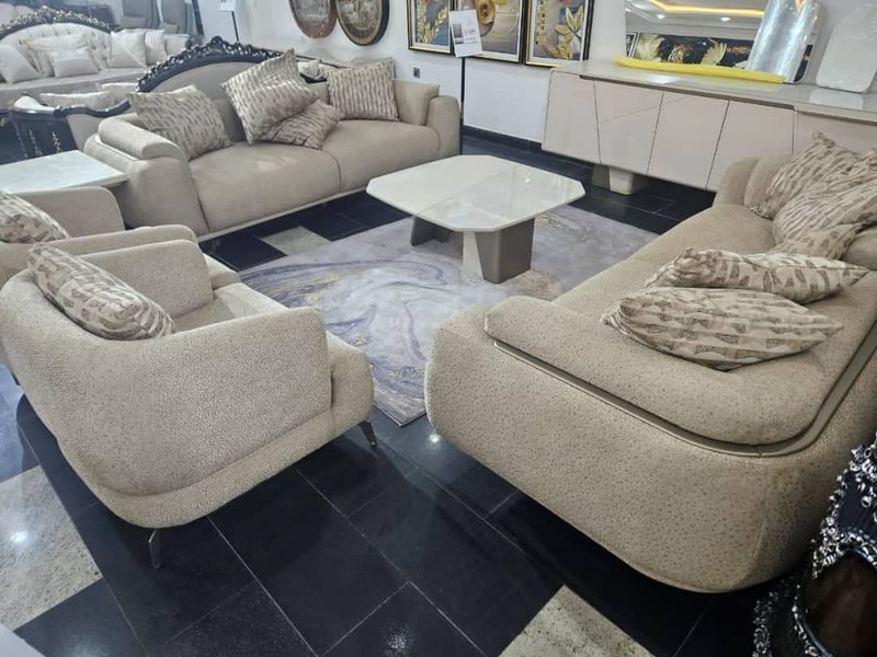 Modern Curved Textured Beige Fabric Living Room Sofa Set
