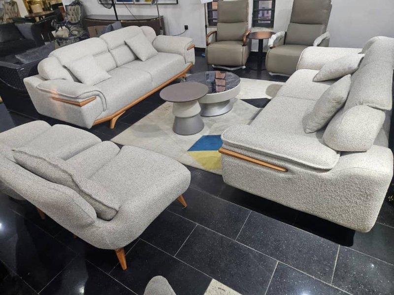 Scandinavian Light Grey Textured Bouclé & Natural Wood Accent Sofa Set