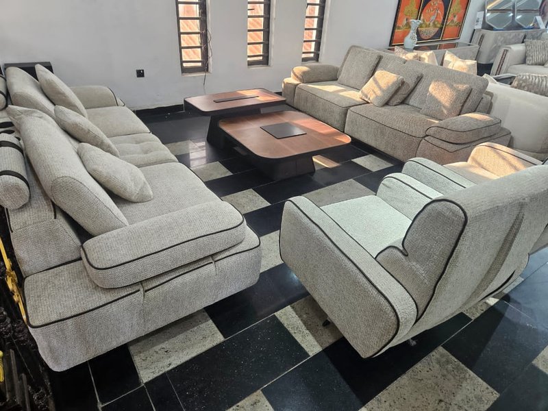 Modern Oatmeal Textured Fabric Sofa Set with Contrast Piping